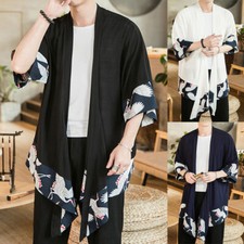 Camicia Kimono Lunga In Cotone E Lino A Stampa Di Gru Uomo Top Blouse Casual