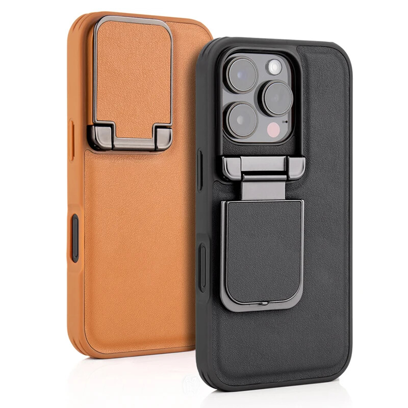iPhone 16 Pro Max 15 PU Leather TPU Invisible Lens Fold Stand Case