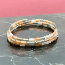Handmade memory wire bracelet-matte coral, gray & white glass beads