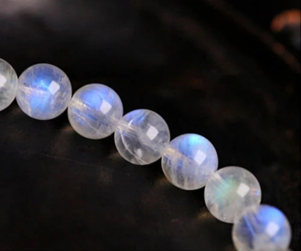Pulsera de cuentas de piedra lunar natural grado AAA+ 7 mm cristal curativo destello azul Foto 4 de 4