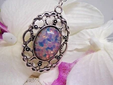 SILVER jewelry HARLEQUIN  FIRE OPAL NECKLACE CHAIN pink PLATED chain blue