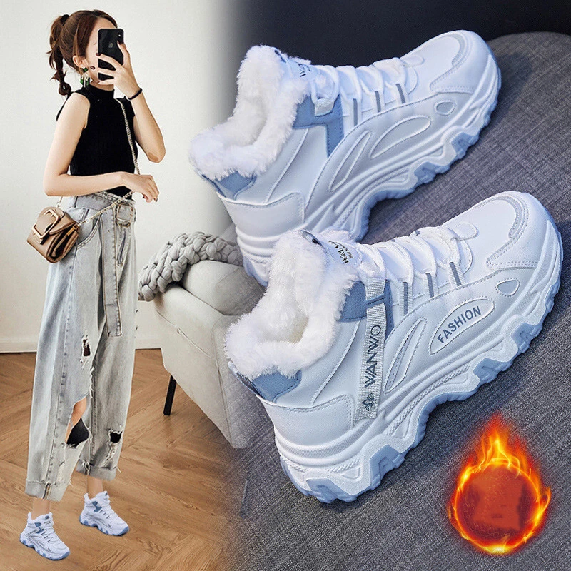 Womens Faux Fur Lined Platform Trainers Sneakers Hi Top Quilted Shoes Keep Warm