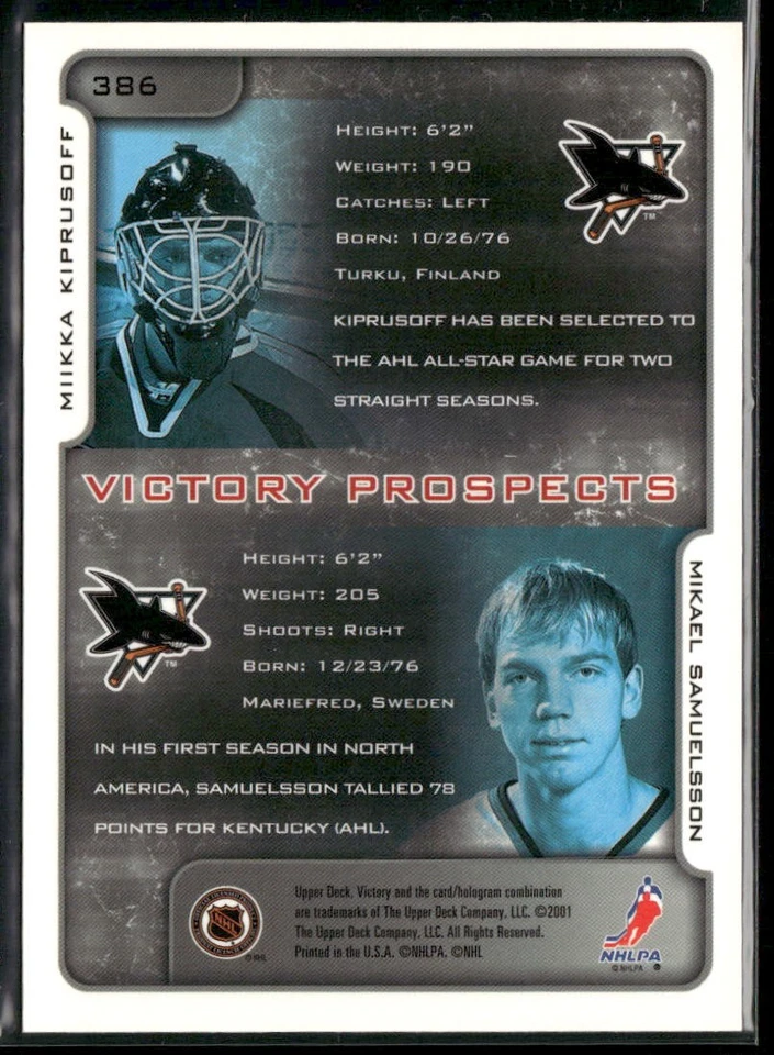 2001-02 Upper Deck Victory Miikka Kiprusoff / Mikael Samuelsson RC #386 Sharks - Image 2 of 2