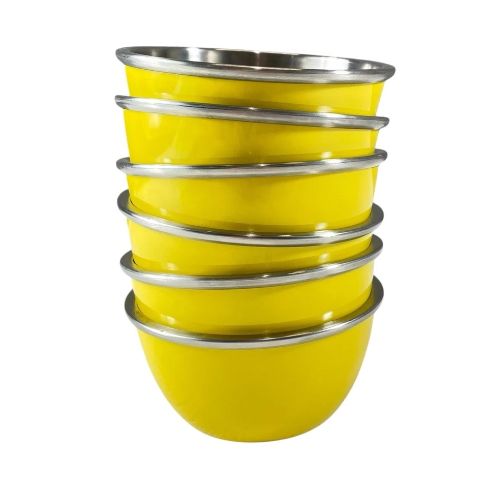 Vintage Crate & Barrel Ice Cream Bowls Stainless Steel & Melamine Yellow S/6 NEW - Image 2 of 4