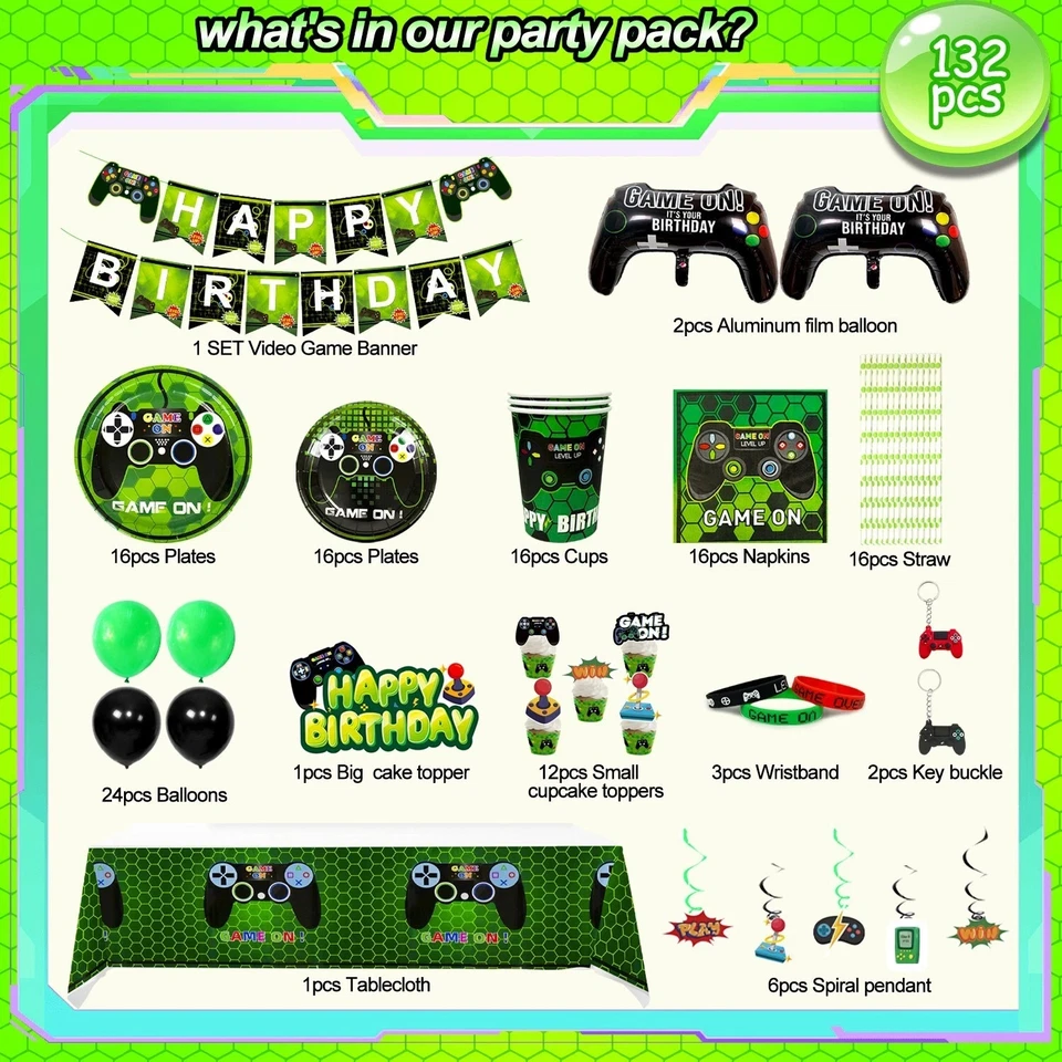 Video Game Party Supplies Game Party Decoration Cartoon Plates Tablecloth Cups - Image 2 of 4