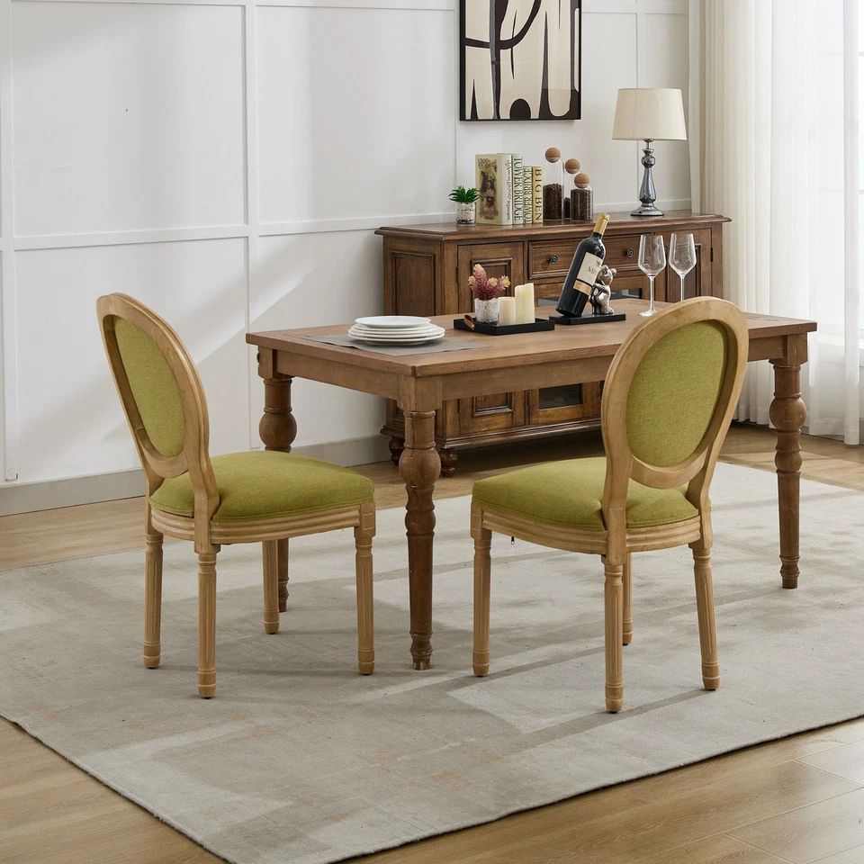 Juego de 2 sillas de comedor antiguas con respaldo de tela de lino con marco de madera maciza estilo francés Foto 2 de 4