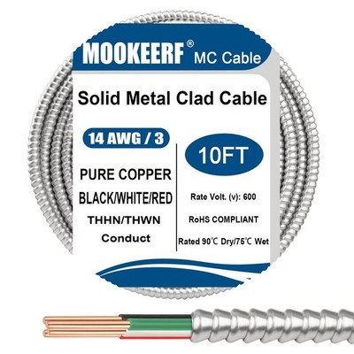 MOOKEERF 14/3 MC Cable with Ground - 10FT Pure Copper 14AWG/3 10FT, white 