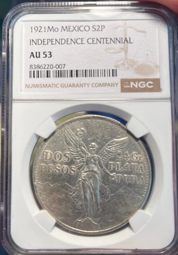 1921 Mo Mexico Silver 2 Pesos S2P NGC AU53 Independence Centennial.
