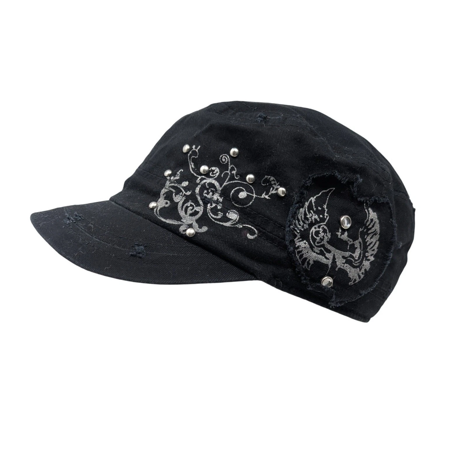 Y2K Grunge Alt Distressed Cadet Cap Studded Embroidered Military Hat 90s Goth