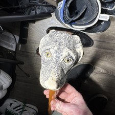 Dog Head Cane Wood Walking Stick Metal End Yellow Eyes