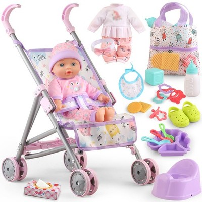 Baby Doll with Stroller Set for Realistic Pretend Play 12.5 Inches, Pink 
