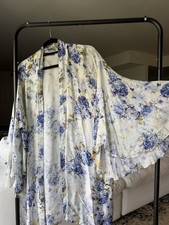 Women s White Blue Floral Kimono Robe Long Sleeve Flower Theme