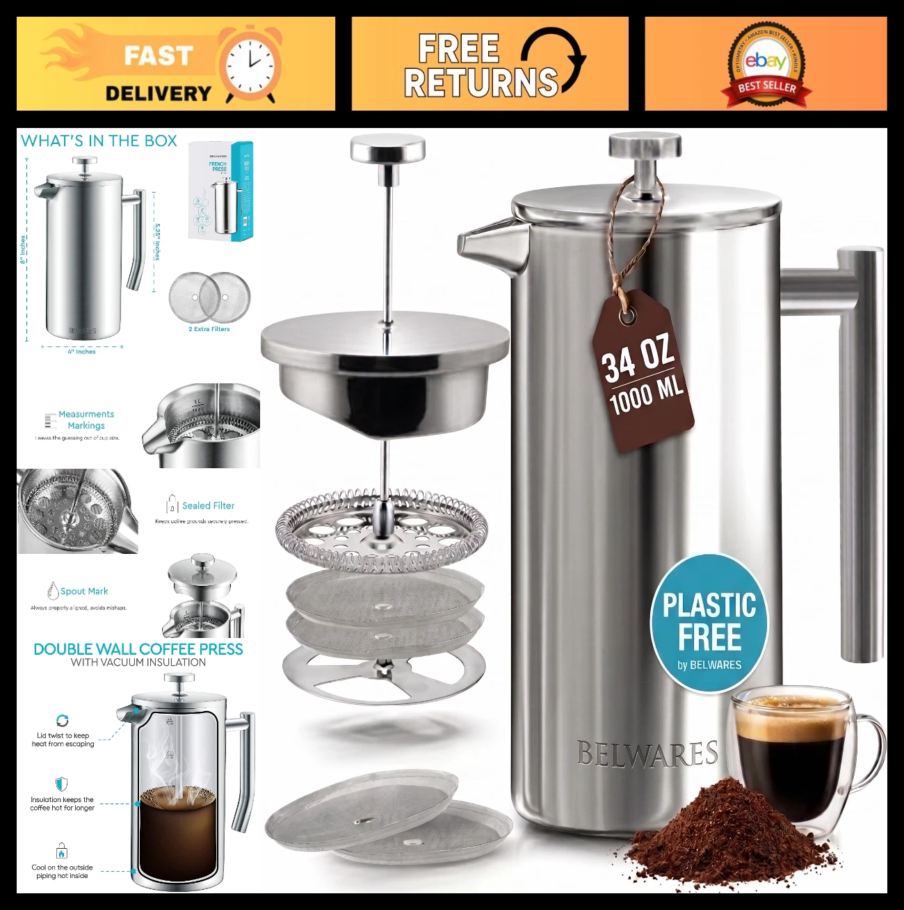 Insulated French Press Coffee Maker 34oz - Double Wall Stainless Steel, 4-Level