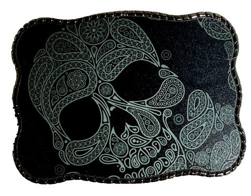 Wallet Buckle Belt Buckle Women's Teal and Black Paisley Skull Card ID Holder