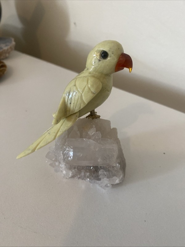 Parrot Carving On Natural Brazilian Quartz Cluster Base 3.5” Tall 