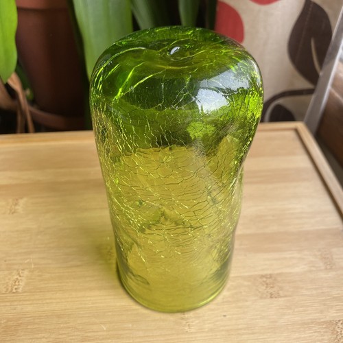 Vintage Blenko CRACKLE Glass TUMBLER #418L Pinched Dimpled 6" Tall Olive GREEN - Picture 4 of 6