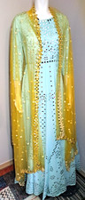 Indian Mirrored Long Dress Light Green w/ Gold Shawl Size S 20 Elegant Formal