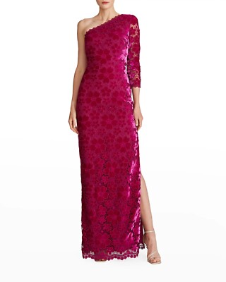 Theia Women's Magenta Pink Simone One-Sleeve Velvet Floral Lace Gown Size  14