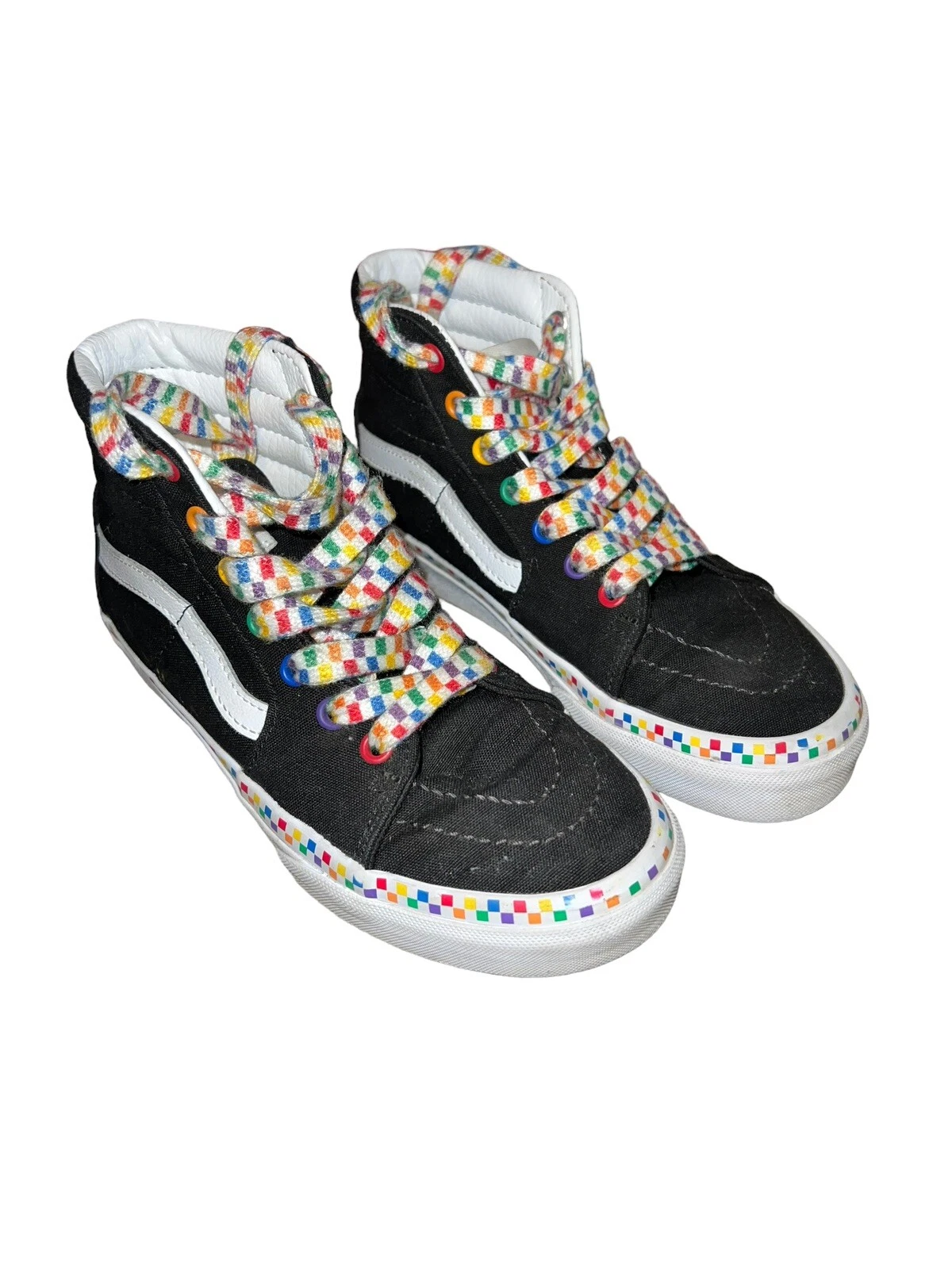 Scarpe da bambina Vans Sk8 Hi a scacchiera arcobaleno scuola elementare taglia 2 Y