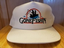 Vintage 70s 80s 'Gone Fishin' Fishing Cap - white snapback - Made in USA