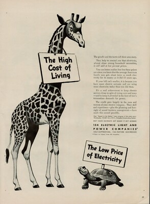 1944 Electric Light Power Companies 1940s Vintage Print Ad Giraffe Turtle Cost