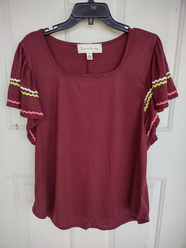 French Laundry Women's Blouse Size XL Flutter Sleeves w/ Multi-color Rick Rack - Picture 2 of 6
