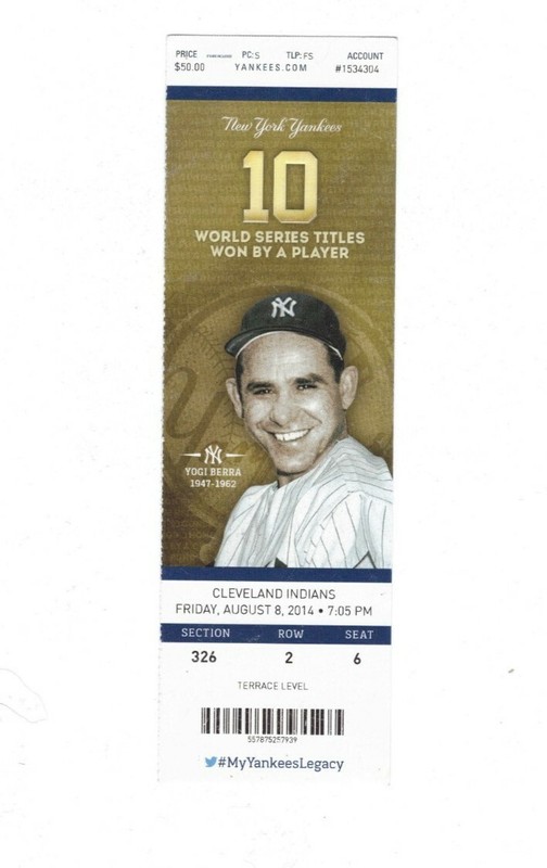 2014 YANKEES VS Indians 8/8/14 Ticket Stub JETER Final Season