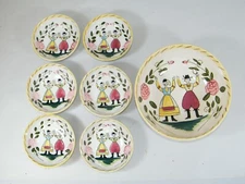 VINTAGE HAND PAINTED DANCING COUPLE SERVING BOWL AND 6 SMALL BOWLS
