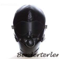 Black Leather Headgear with Mouth Ball Gag Eye Mask Fetish Restraints for Couple