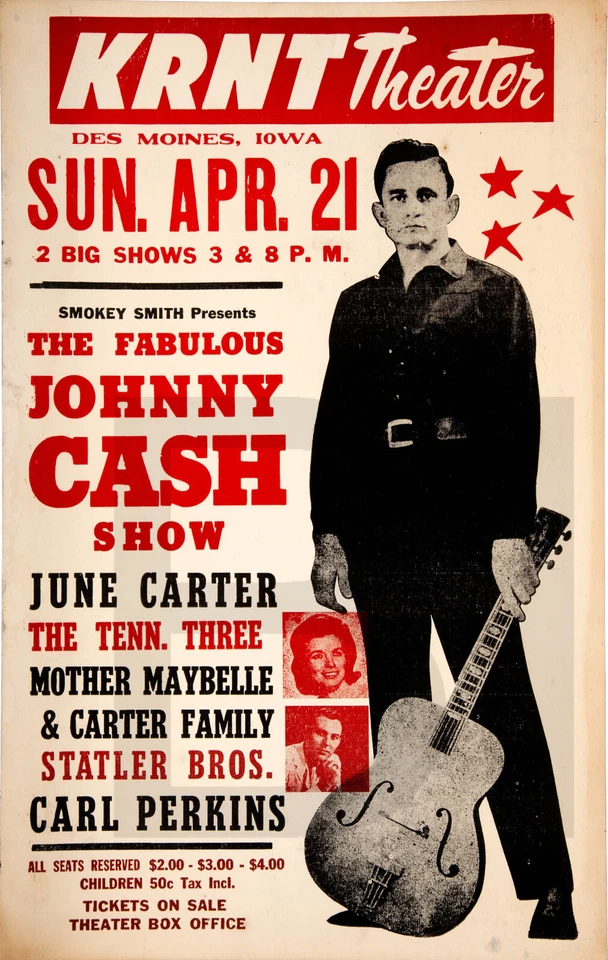 1968 Johnny Cash, June Carter, Carl Perkins Concert Poster 13 x 19" Photo