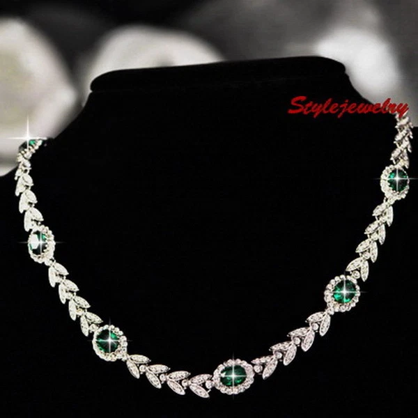 Винтажный теннисный свадебный комплект из 18-каратного белого золота с зеленым изумрудным кристаллом XS15 - Изображение 2 из 4