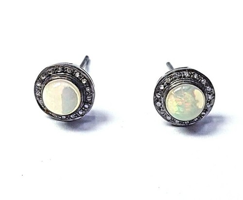 Pendentif En Argent 925 Avec Opale Naturelle Et Diamants Pavés - Chaîne 18" - Neuf Sans Emballage