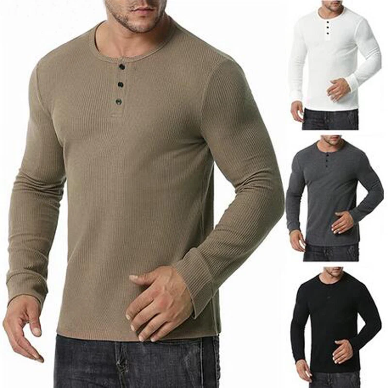 Henry Collar T Shirt Men Casual Solid Color Long Sleeve T Shirt for Men  Autumn