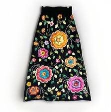 Vintage Tesoro s Raffia Straw Floral Embroidery Maxi Long Skirt OOAK Boho XS/S