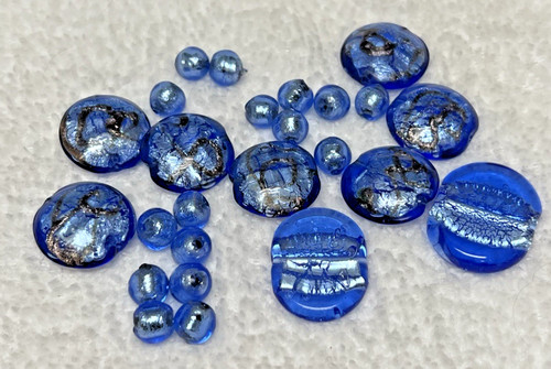 25 Vintage Blue Foil Art Glass Beads Mixed Shapes & Sizes