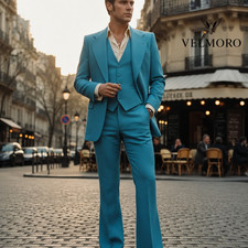 Men's Sky Blue 3 Piece Suit Slim Fit Wedding Business Prom Formal Tuxedo Set