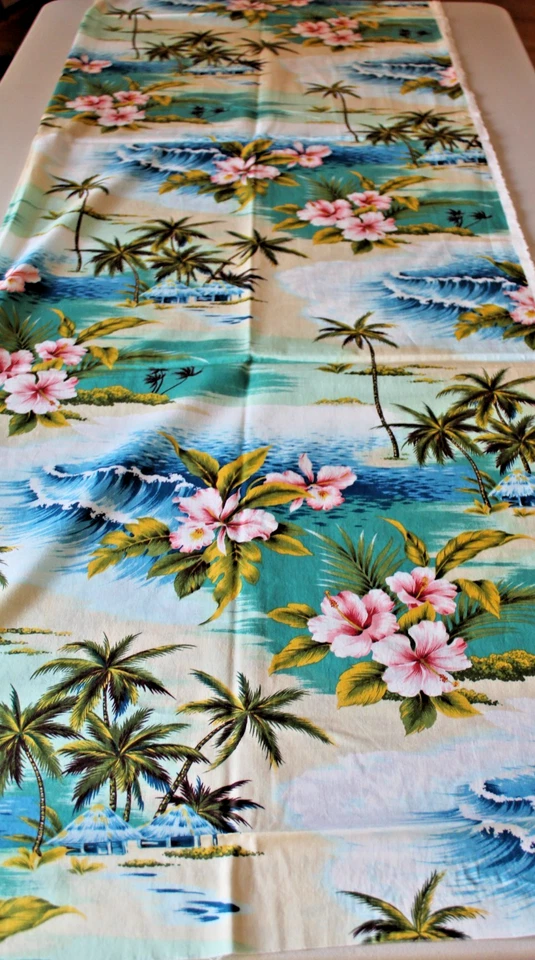 Tela Algodón 4-1/4 Yardas Azul Océanos, Palmeras, Flores Rosas, Tropical Nuevo Foto 2 de 4