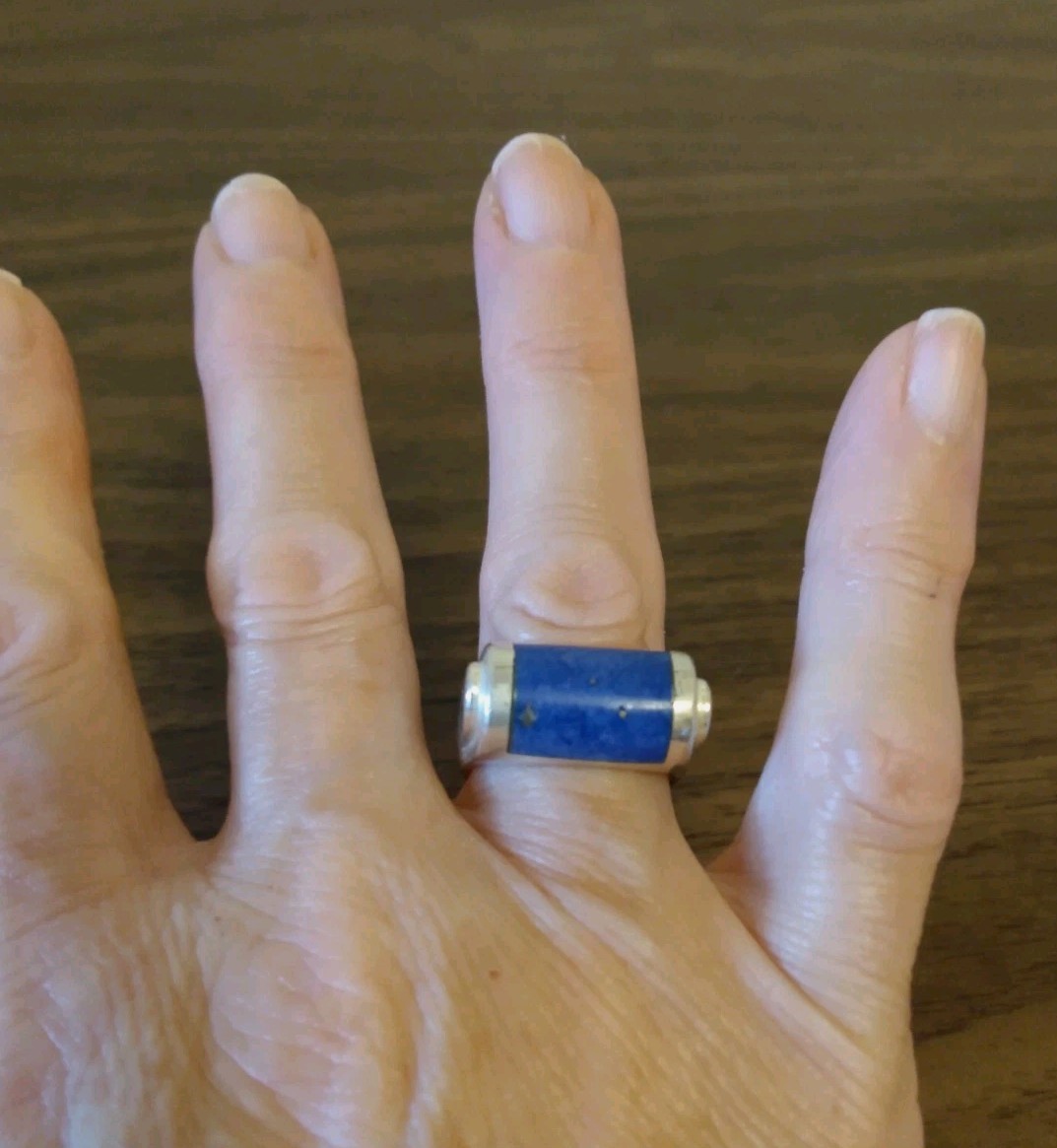 Vintage Solid Sterling Silver Lapis Bar Ring size 8-Signed w
