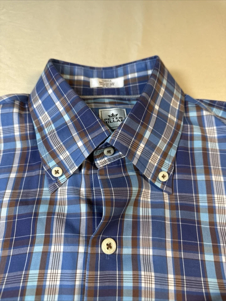 Camisa Peter Millar Para Hombre Pequeña A Cuadros Manga Larga Camisa Abotonada Azul Algodón Foto 4 de 4