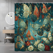 Butterfly Floral Shower Curtain Teal Gold Vintage Style