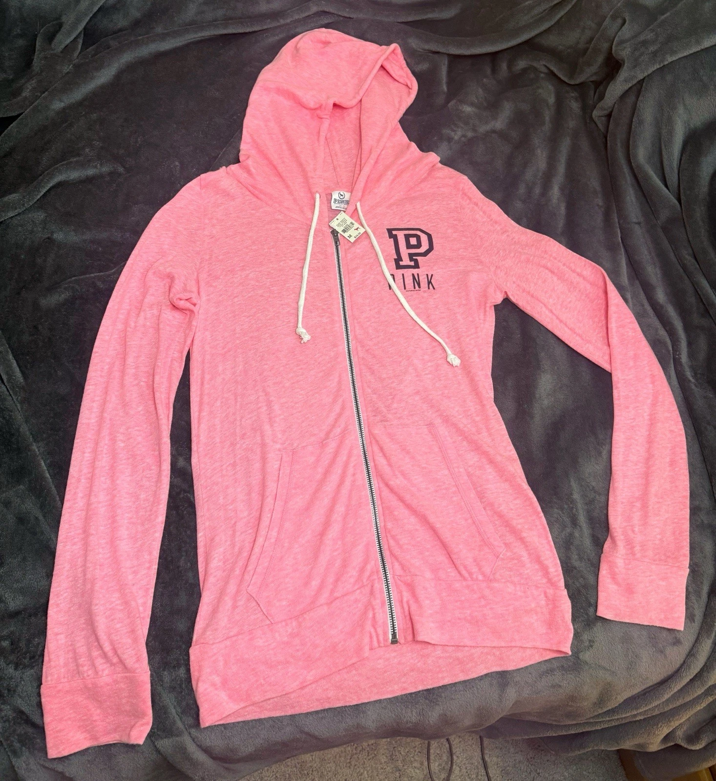 NWT PINK Victoria's Secret Zip-Up Logo Hoodie Lounge Jacket Bubblegum Pink White