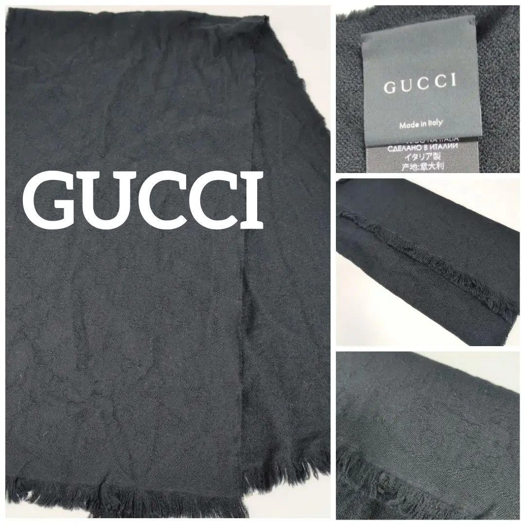 Étole noire avec frange motif GUCCI GG motif all over étiquette récente #PGCV6A