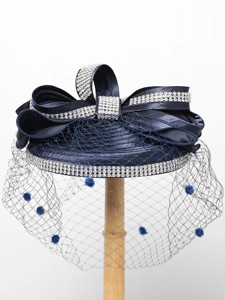 Темно-синий Fascinator шляпа для женщин дерби церкви вечеринки ДОТ шляпы с бантом вуаль - Изображение 2 из 4