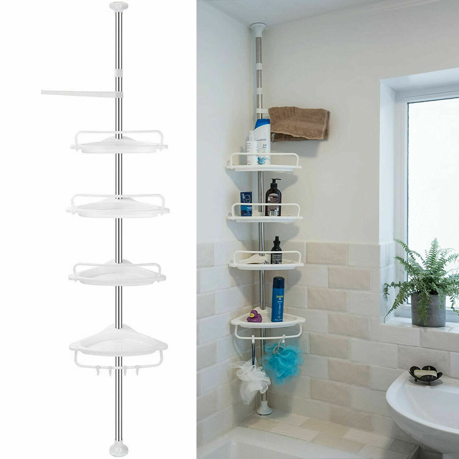 4 TIER NON RUST BATHROOM TELESCOPIC CORNER SHELF STORAGE SHOWER