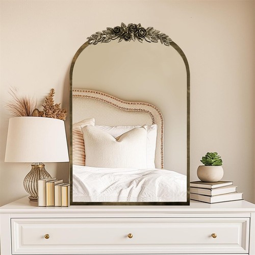 Metal Floral Wall Mirror Antique Vintage Style Arched Brass Wall Mirror 24x36in - Picture 2 of 17