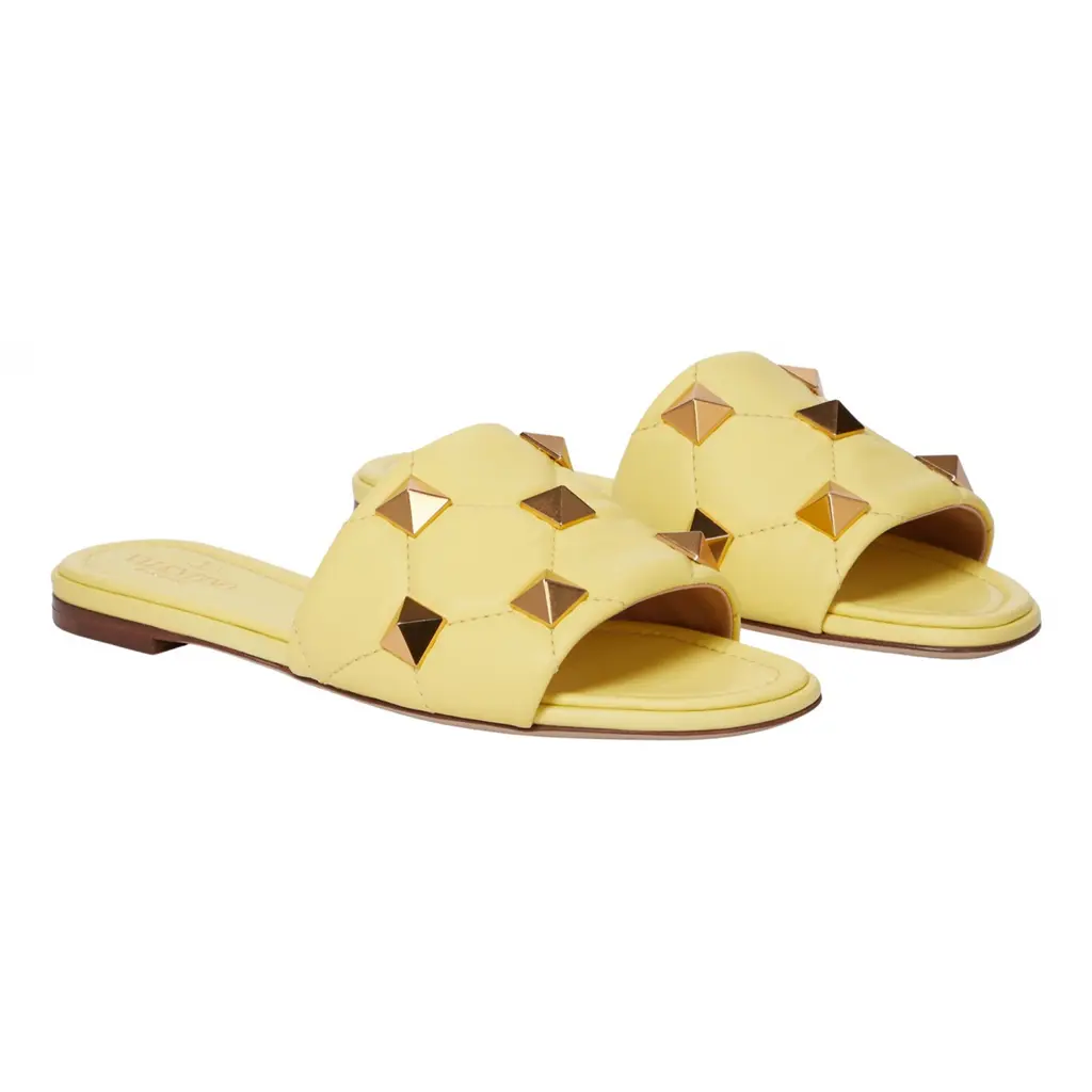 Valentino Rockstud Roman Stud Lime Yellow Leather Quilted Slide