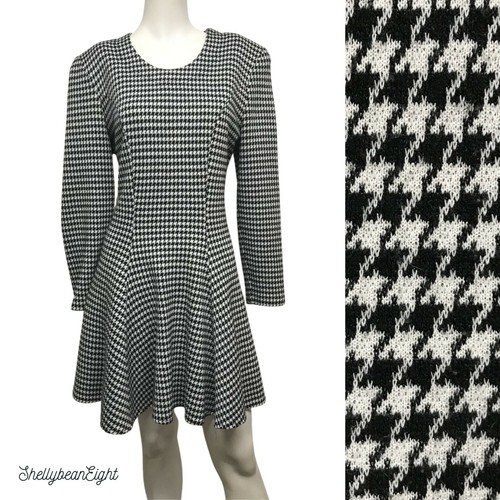 VTG CONTEMPO CASUALS Houndstooth Fit & Flare Skater STRETCH Dress 80s 10 12 RARE