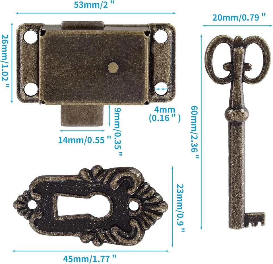 2 Juegos Cerradura Llave Esqueleto Decorativa Antiguo Armario Bronce Cerradura Vintage con Llave Foto 2 de 4