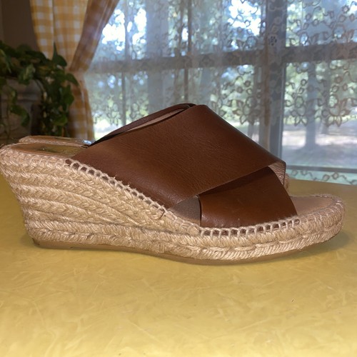 KANNA BROWN LEATHER JUTE WEDGE HEELS SLIDES CRISS CROSS STRAP SIZE 8 - Picture 5 of 6