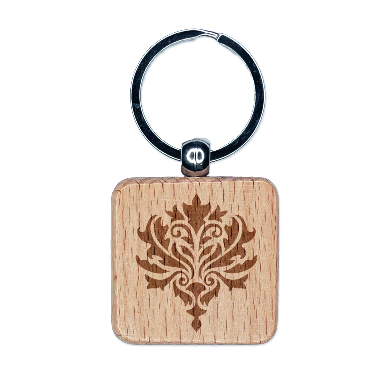 Damask Pattern Engraved Wood Square Keychain Tag Charm